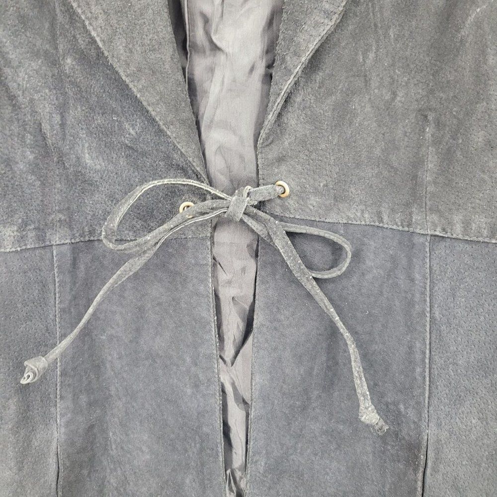 Vintage 80s Leather Jacket XL Black Suede Leather Long Tie‎ Unisex Boho Cosplay - Picture 7 of 11